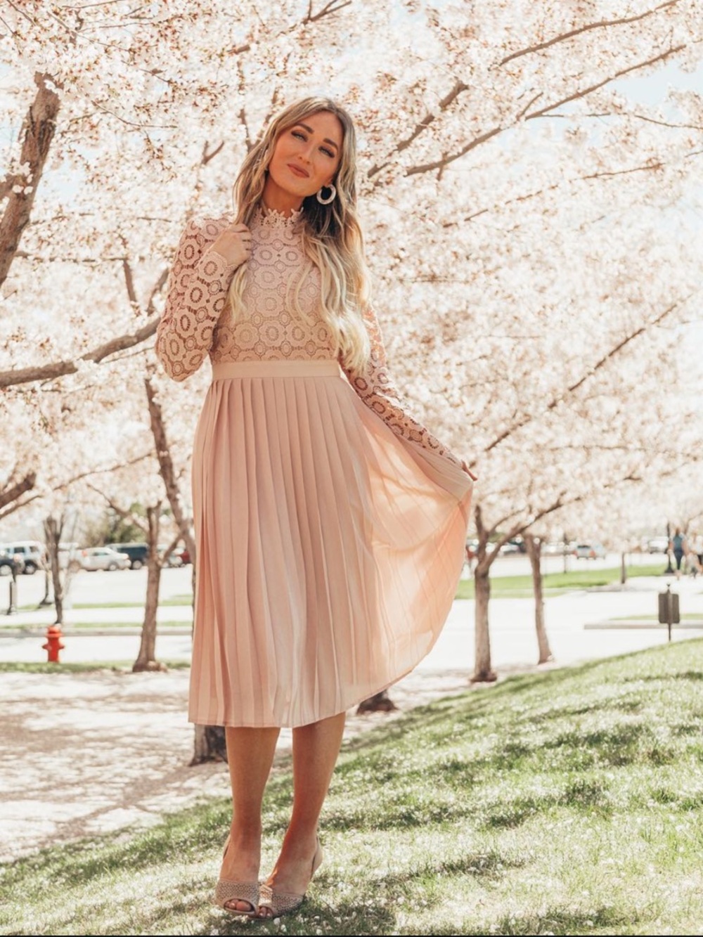 Ivy City Co Chloe Dress Blush Pink Lace Pleated Midi Dress Size Small